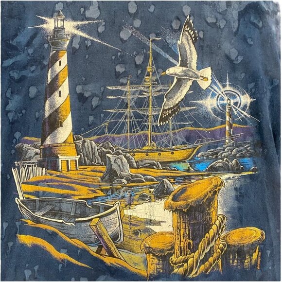 Vintage Ragtops Sportswear Tshirt Lighthouse Nautical Marbled Tie Dye USA Made M - Picture 1 of 10